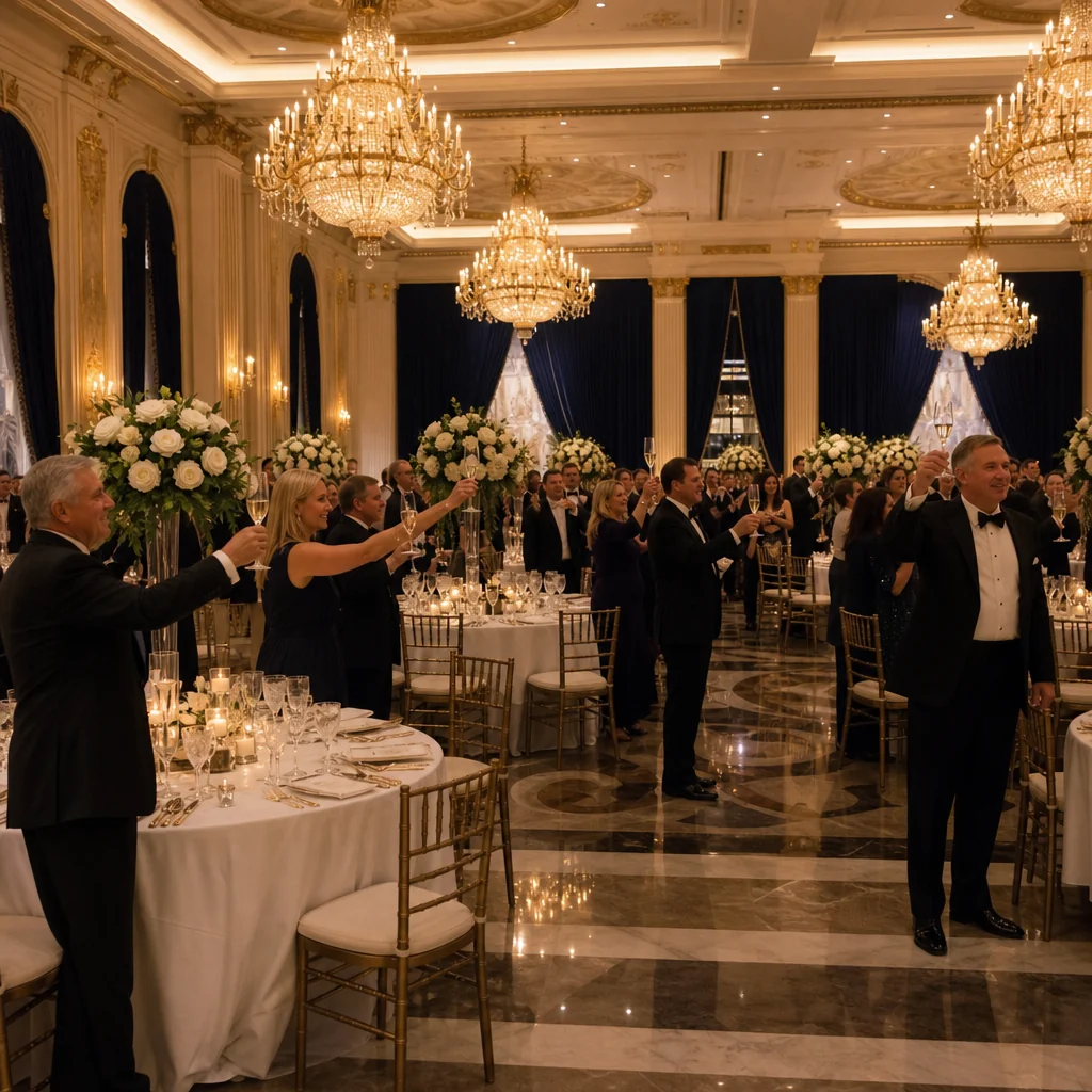 Elegant gala dinner setup in a luxury Dubai ballroom